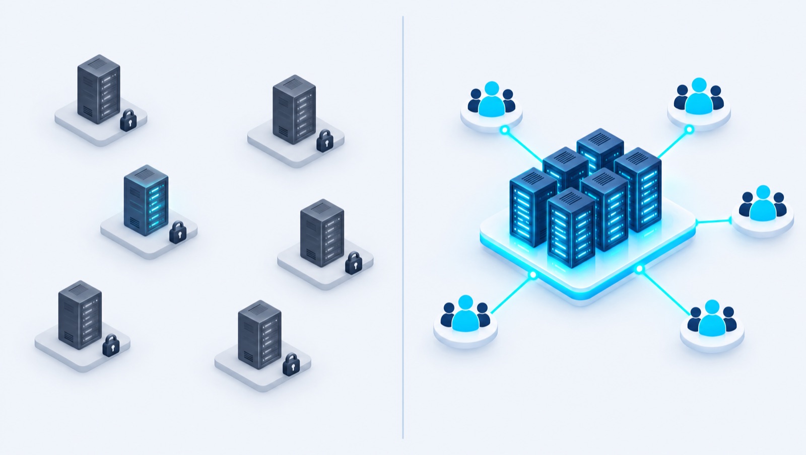 À gauche, des serveurs GPU isolés, un par équipe, la plupart inutilisés. À droite, les mêmes serveurs regroupés en un seul cluster partagé entre plusieurs équipes.