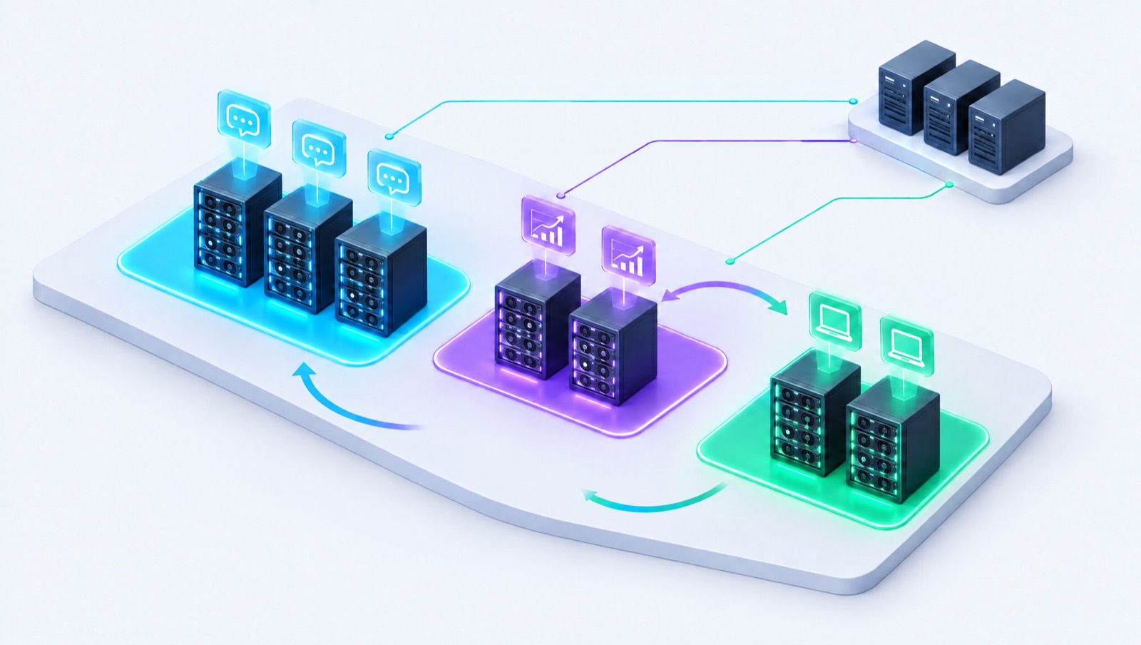 Les 7 serveurs GPU répartis en trois pools : 3 serveurs pour l'inférence, 2 pour l'entraînement, 2 pour le développement. Le plan de contrôle tourne sur 3 serveurs séparés, sans GPU.
