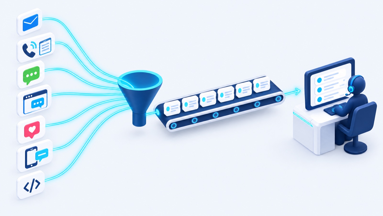 Courriel, téléphone avec transcription, messagerie, chat du site web, réseaux sociaux, SMS et API arrivent tous dans une seule file de tickets, traitée par le technicien.