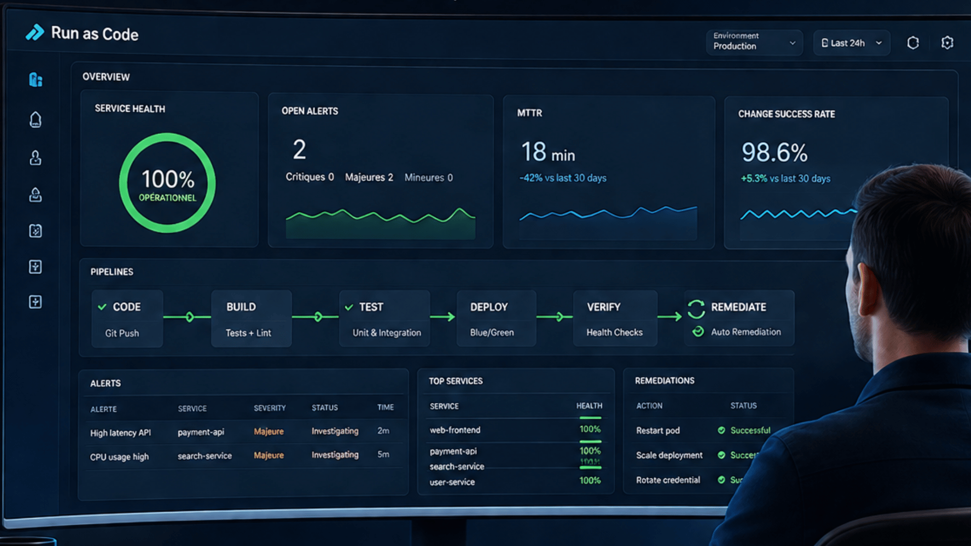 Après — cockpit Run as Code : 100% opérationnel, MTTR 18 min, 98.6% Change Success Rate