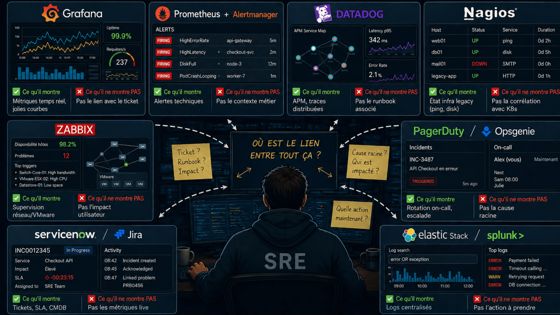 Avant — chaos opérationnel : outils déconnectés, alertes sans contexte